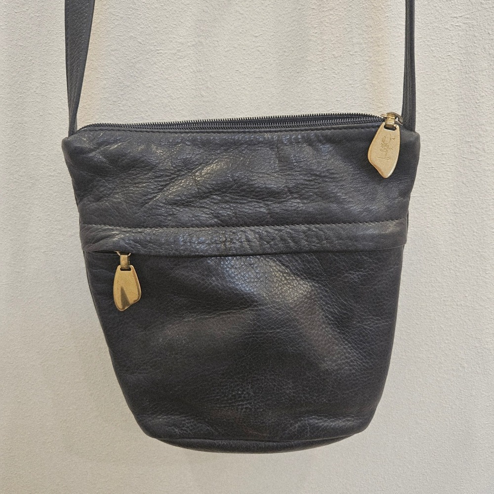 Libaire Black Pebbled Leather Crossbody Bag Made in USA Minimalist Zip Pocket